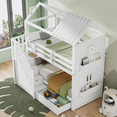 Lit mezzanine enfant 90x200 cm, avec escalier de rangement, tiroirs et étagères, pin et MDF, blanc, sans matelas (1/5)