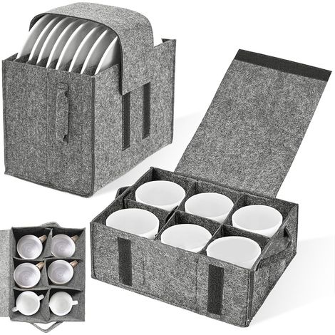 Lot de 2 (Gris) Porte Assiette Feutre & Porte Tasses, Sac Feutre Cuisine Pliable, Boîte Rangement Vaisselle pour 8 Assiettes et 6 Tasse, Supports Rangements pour Camping Car, Armoires, Caravanes