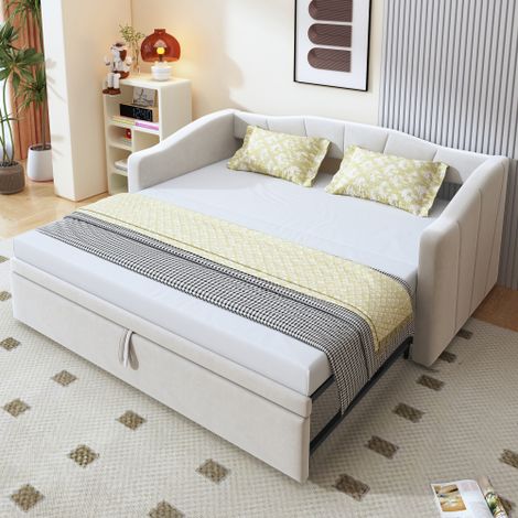 Cama con cama adicional de 90/180x200 cm con base de láminas, de tela, sin colchón, beige (1/5)