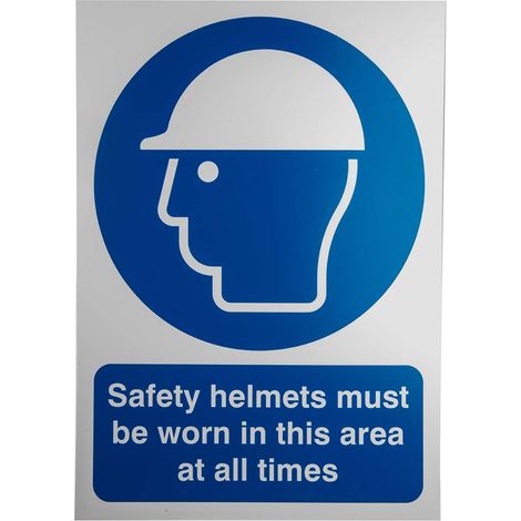 Panneau, avec pictogramme : Casque de protection obligatoire "Safety Helmets Must Be Worn In This Area" , en PVC ( Prix pour 1 )