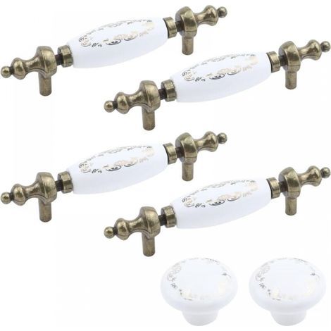 Set of 6 Vintage Antique Bronze Ceramic Drawer Pulls Handles for Cabinets and Drawers White (1/5)