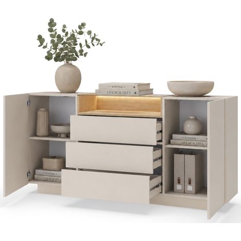 Credenza Haleli, Madia 3 Cassetti, 2 Ripiani, Apertura Battente, Scorrevole, 176x40x83h cm Beige