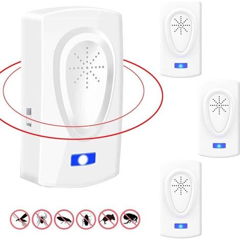 4 pcs Répulsif Ultrason Anti-Rongeurs Insectes,Repulsif Anti Mouches Electrique Appareil Répulsif Souris Interieur,Moustique,Cafard,Fourmi,Araignée,