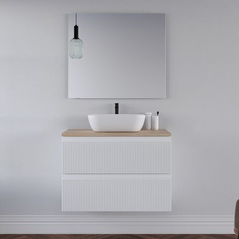 Meuble de salle de bain 80cm avec plateau cambrian et vasque à poser arrondie - 2 tiroirs - blanc - RIBERA (1/5)