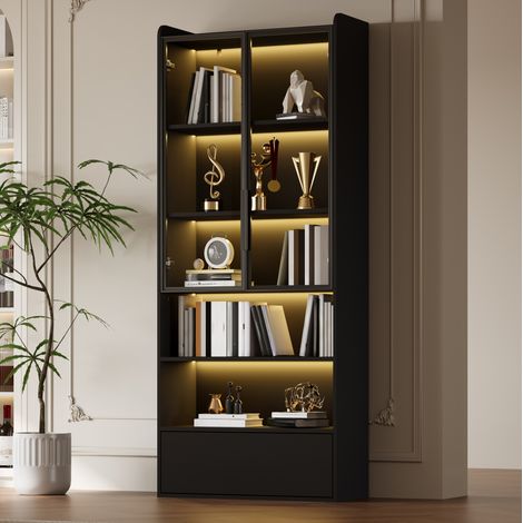 Vitrine Hochschrank (80 x 34 x 180 cm), mit 1 Schublade, LED Beleuchtung, Glastüren, MDF, Schwarz (1/5)