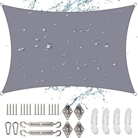 (gris)Voile d'ombrage rectangulaire, 3 x 5 m,imperméable,avec kit d'installation,résistant aux UV,pour jardin,balcon,terrasse(gris) (1/5)
