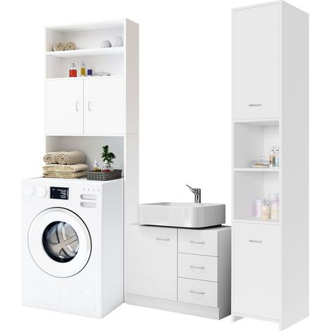 CASARIA® Naples 3 Piece Bathroom Furniture Set Vanity Unit Tall Bathroom Cabinet Washing Machine Cabinet Space Saving Modern Compact Combination White (1/5)