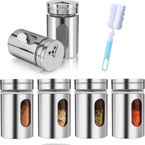 Lot de 6 pots à épices inox avec saupoudreur ronds 1 brosse éponge (1/5)