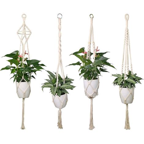 Set de 4 suspensions murales en macramé, corde en coton pour plantes, porte-pot suspendu décoratif d'intérieur et d'extérieur, pour plafond, balcon ou mur - 104 cm, 4 branches (1/4)