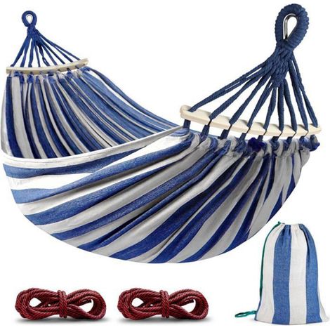 Hamac 220x150 cm avec poteaux en bois et sac de transport pour jardin et camping (1/4)