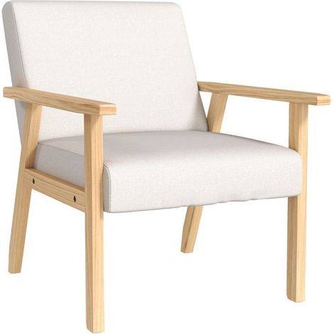 Sillón tapizado con brazos, silla de comedor de lino. Estructura de madera maciza, 64 x 70 x 72 cm, crema (1/5)