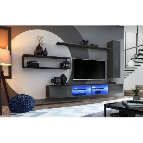 Ensemble meuble TV mural Switch Met IV - L 300 x P 40 x H 170 cm - Gris - Livraison gratuite