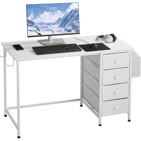 Bureau d'ordinateur, 120 x 50 x 76 cm, Table de Bureau Informatique réversible avec 4 Grands tiroirs en Tissu et 2 Crochets latéraux, Table d'étude Simple et Moderne avec Cadre en métal, Blanc (1/5)