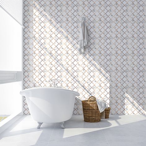 Sticker Mural Carrelage adhésif Cuisine Salle de Bain - 60 STICKERS CARREAUX DE CIMENT EFFET MARBRE LOSANGES DORÉS - 60stickers20x20cm (1/5)
