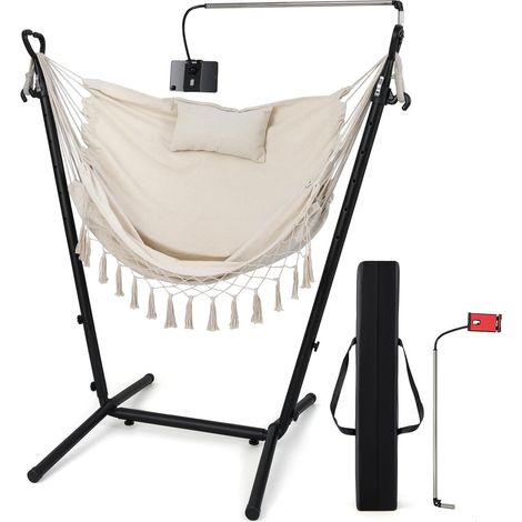 Hamac sur Pied avec Support 6 Hauteurs 96-146 cm, Charge 250KG avec Oreiller Poche Latérale Beige (1/5)