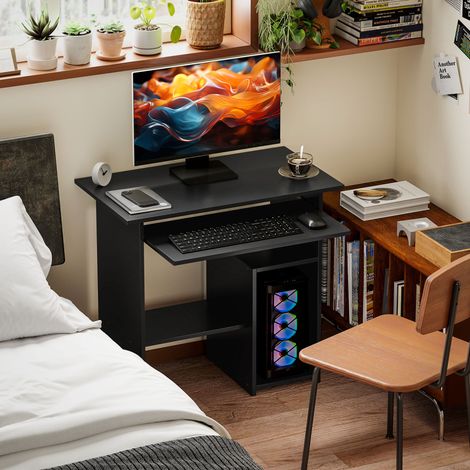 Bureau informatique compact avec rangement, étagères ouvertes, tablette clavier coulissante et meuble PC pour petit espace, noir, idéal bureau ou chambre – CHICFURN (1/5)