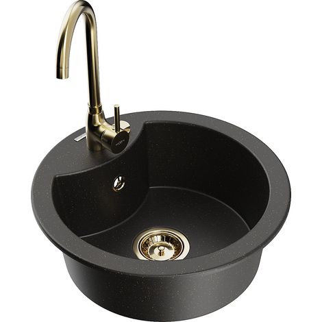 Mexen Diego Granitspüle ein Becken mit Küchenarmatur Telma, schwarz/gold - 6512-75-670200-50 (1/5)