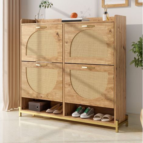 Scarpiera 108,5x24x100 cm con 4 ante ribaltabili e ripiano aperto, in MDF, naturale (1/5)