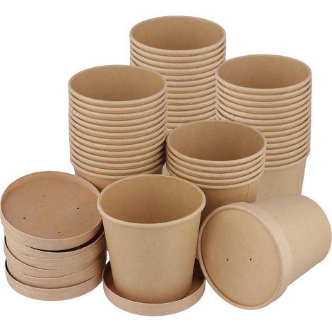 Gobelets Jetables en Carton - Lot de 40 Gobelets à Soupe 780 ml (26 oz) avec Couvercle - Gobelets en Carton Marron pour Soupe, Glace, Boissons Chaudes et Froides - Idéal Restaurants, Cafés (1/5)