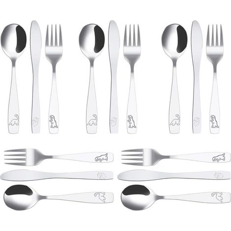 Children's Stainless Steel Cutlery Set – 15 Pieces (5 Forks, 5 Spoons, 5 Serrated Knives) Jungle Dinosaur
