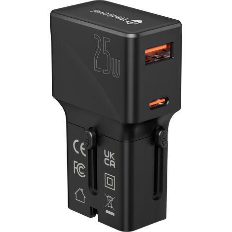 MMOBIEL 25W Universal-Reiseadapter – Internationaler Stecker mit männlichem Anschluss – 1x USB-C (25W) + 1x USB-A (18W) – für EU/GB/USA/AUS – Taschenformat & integrierte Sicherheit