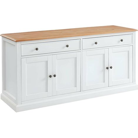 Vente-Unique – Buffet HONFLEUR 160 cm – 4 portes battantes – 2 tiroirs coulissants – Pin massif blanc – Finition vernis