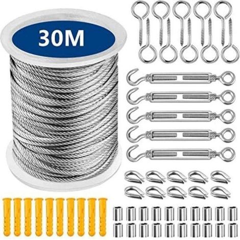 Kit de câble en acier - 30 m - Fil d'acier - Complet avec crochets, pitons à vis et fixations en acier inoxydable - Pour cor (1/4)