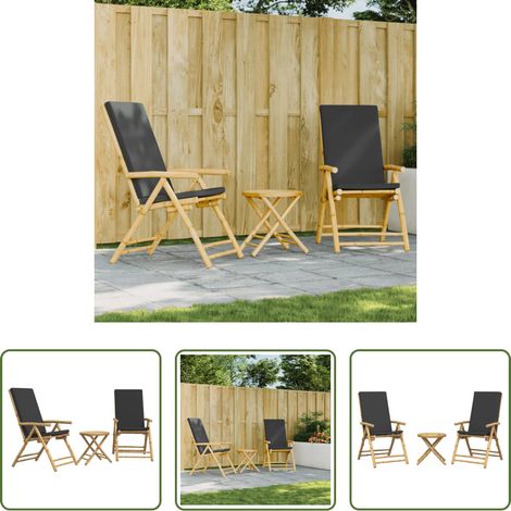vidaXL Liegestuhl - 3-tlg. Bistro-Set Klappbar mit Dunkelgrauen Kissen Bambus (1/5)