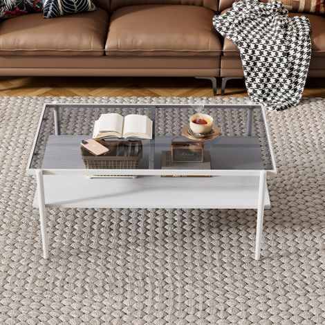 Table basse en verre trempé, table basse rectangulaire, pieds en métal, table de salon moderne, coloris gris et blanc.