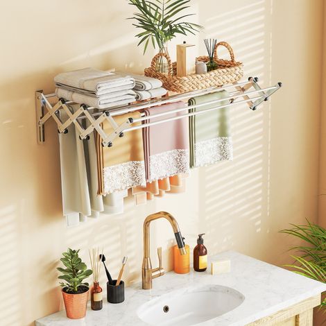 Étendoir Mural Extensible en Acier Inoxydable avec 8 Barres Capacité de Charge de 25kg pour Buanderie et Salle de Bain (1/2)