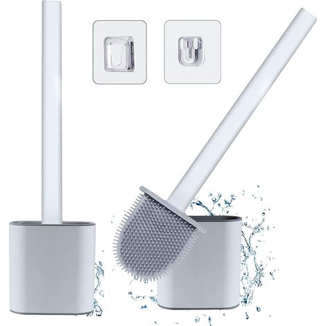 ZOLGINAH Brosse WC avec support (Lot de 2) – Brosse WC en silicone avec long manche en plastique antidérapant et kit de support à séchage rapide (sol/mur), brosse de salle de bain avec poils en silico (1/5)