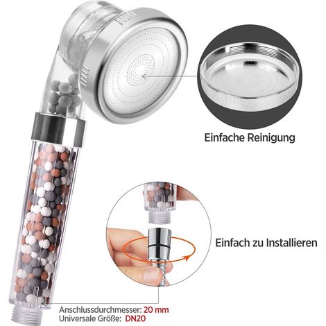 Pommeau Douche, Pommeau Douche Anti Calcaire avec Tuyau Économiseur d'Eau Haute Pression Filtre à Système de Filtrage Ionique (3 Filtration + Tuyau) (1/5)