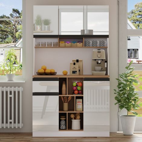 Meuble de cuisine moderne, 105x45x185 cm, buffet avec portes laquées, poignées métalliques, étagères réglables, blanc (1/5)