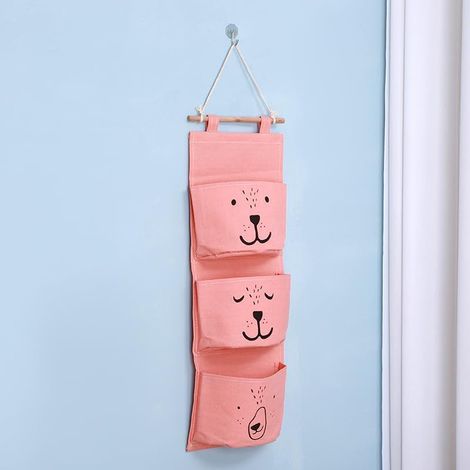 1 x Sac de rangement suspendu à 3 poches — Organiseur mural pour chambre et chevet — Design à suspension par corde (Rouge) (1/5)