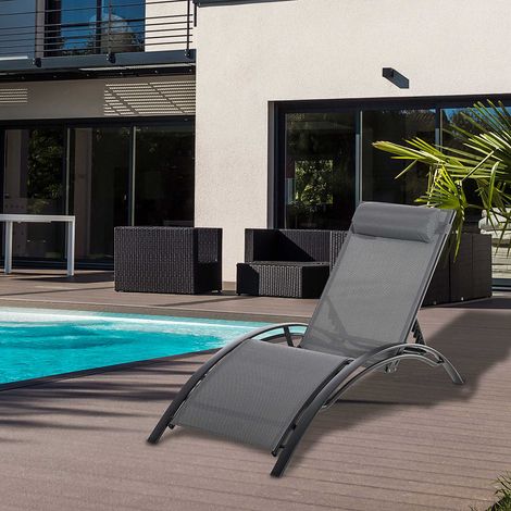 Outsunny Bain de Soleil transat de jardin chaise longue Design Contemporain inclinable Multi-Positions tétière Amovible Incluse alu textilène dim. 171L x 64l x 82H cm Gris
