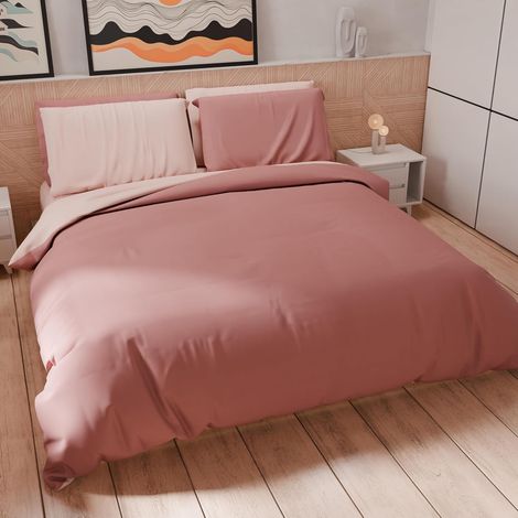 Parure de lit 220 x 200 cm (2 taies d'oreiller 80 x 80 cm incluses), Housse de Couette Douce Microfibre Couleur Unie Poudre Claire - Poudre foncée (1/5)