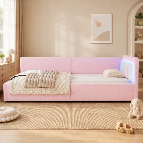 Sofá cama 90x200 cm con iluminación LED ambiental, cabecero bicolor rosa, estructura MDF y somier, ideal para dormitorio juvenil y salón moderno - CHICFURN (1/5)