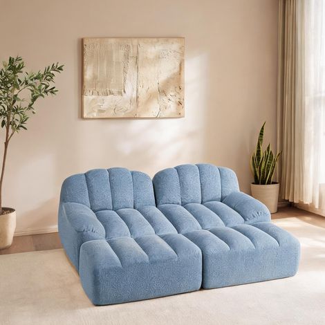 Canapé modulable 2 places avec 2 poufs tissu bleu 210 cm (1/5)
