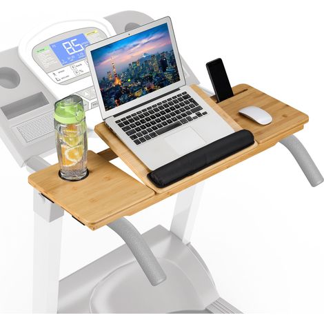 Relaxdays – Support ordinateur pour tapis de course en bambou naturel – Inclinaison réglable – Supports pour tablette, smartphone et boisson – Dimensions 85,5 x 30 cm
