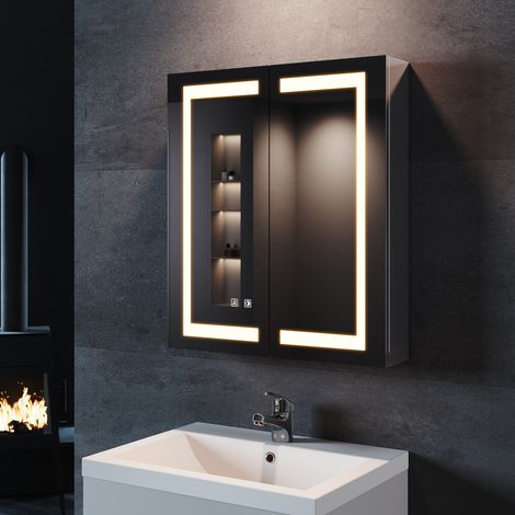 SONNI Edelstahl LED Spiegelschrank mit Beleuchtung 3 Lichtfarben Dimmbar, Touch+Steckdose+Beschlagfrei,Drahtloses Scharnier Design 60x70cm