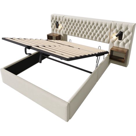 Letto matrimoniale 180x200 cm in velluto beige con 2 comodini, luci LED e USB (1/5)