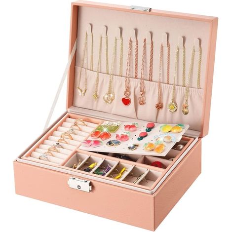 Boîte à bijoux pour femme, coffret de rangement en cuir à 2 compartiments avec serrure, organisateur de bijoux de voyage. (1/5)