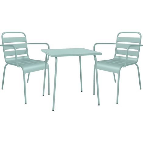 Salle à manger de jardin en métal - une table L.70 cm et 2 fauteuils empilables - Vert amande - MIRMANDE de MYLIA