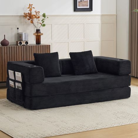 Sofá cama plegable de suelo 185 x 92,5 x 60 cm en pana negra HAVRYA (1/5)