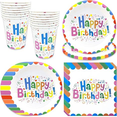 Vaisselle Jetable Anniversaire Assiettes Blanche, Ensemble de vaisselle de fête d'anniversaire Vaisselle en Papier et Serviettes Gobelets colorées 16 Invités (1/5)