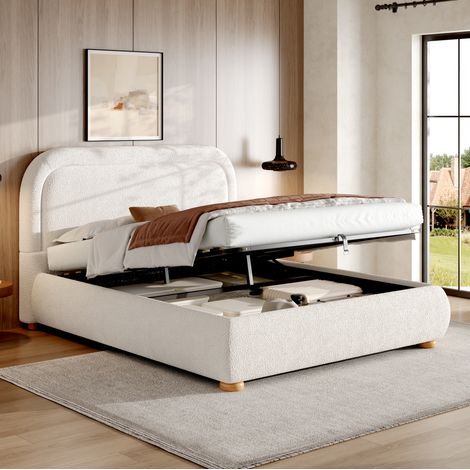 Cama con canapé 160x200 cm hidráulica con somier y cabecero, bouclé blanco OKMYHOME (1/5)