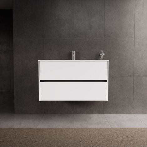Inda - Badezimmerschrank 2 Schubladen L.100 mit glänzendem Waschbecken / Mattweiß - diamante