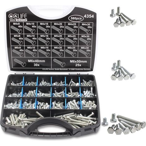 580 pièces jeu de Vis tête plate hexagonale boulon M4 M5 M6, 8-50mm, galvanisé filetage completDIN 933 (1/5)