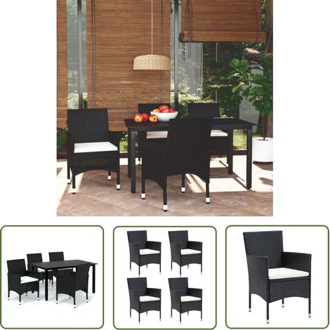 The Living Store 5-tlg. Garten-Essgruppe mit Kissen Poly Rattan Schwarz - Gartensessel - Gartenstuhl - Outdoor Möbel - Balkonmöbel - Terrassengestaltung (1/5)