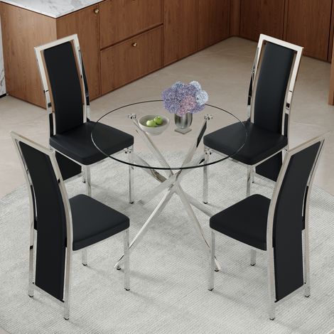 Ensemble table salle à manger 88 cm en verre trempé + 4 chaises polyuréthane argentées, design moderne et épuré